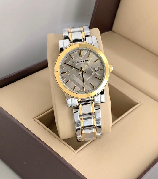 Women's BU-9044 Heritage Silver-plated With Gold Case And Grey Dial Dated Stainless Steel Swiss Rare 35mm Women Wrist Watch