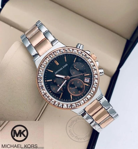 Two-tone Strap Chronograph Silver Rose Gold Women's Watch for Woman or Girl MK-148 Black Dial Date Gift Watch