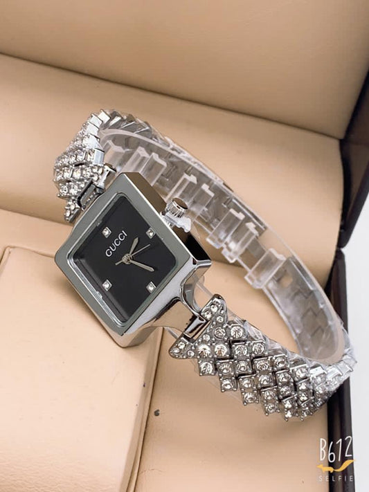 Watches Silver Color Watch With Diamond Strap For Woman Or Girl Black Dial Bracelet Watch For Girls OR Women's Gift Watch GC-403