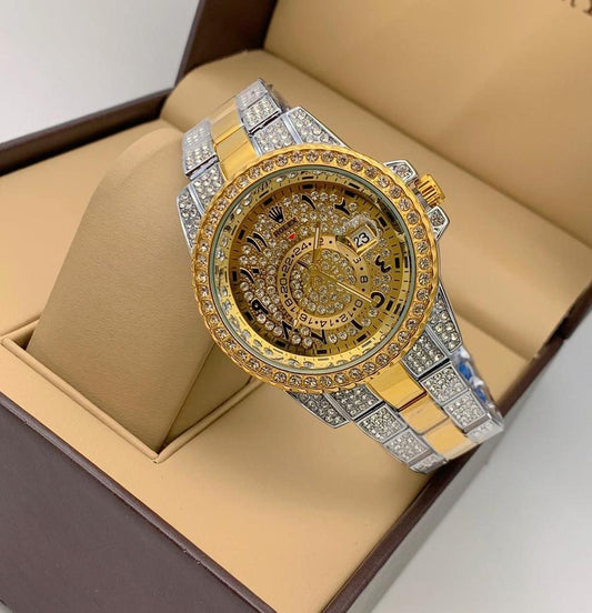 RLX Analog Diamond Set Watch Royal Diamond Multicolor Stainless Steel With Gold Color Diamond Arabic Dial Dated Watch For Men's And Women's -Best For Stylist Look- RLX-8098