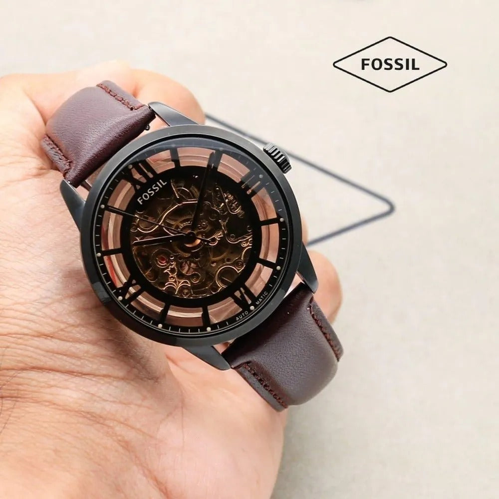 Fossil Townsman Automatic In Black & Transparent Case With Dark Brown Color Strap Watch For Men's Watch ME-3098 Formal Casual Metal Watch For Man