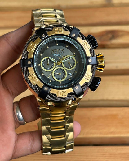 Invicta Reserve Mens Thunder Bolt Golden Black Quartz Chronograph Gold Men's Watch For Gift INC-21353