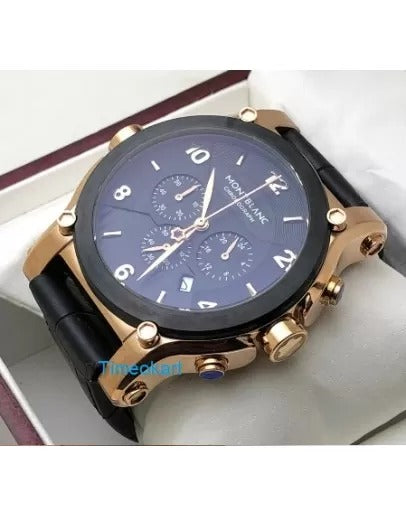 Mont Blanc Black Color Dial Chronograph Black Leather Strap Watch With Rose Gold Color Case Watch For Men's- Best Watch For Men's For Formal Look Mb-9017