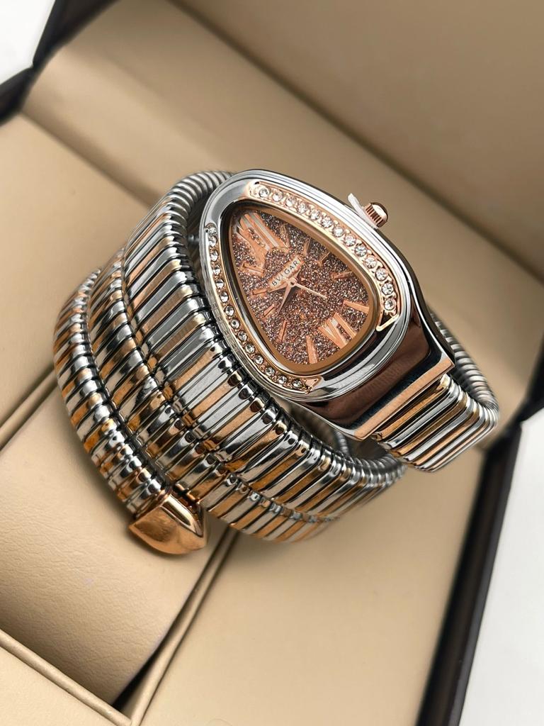 Serpenti Tubogas Analog Watch With Multicolor Color Stainless Steel Case & Strap Watch With Rose Gold Gilter Opaline Dial Designer Bracelet Strap Double Spiral Watch For Girl Or Woman-Best Gift Date Watch- BV-101825