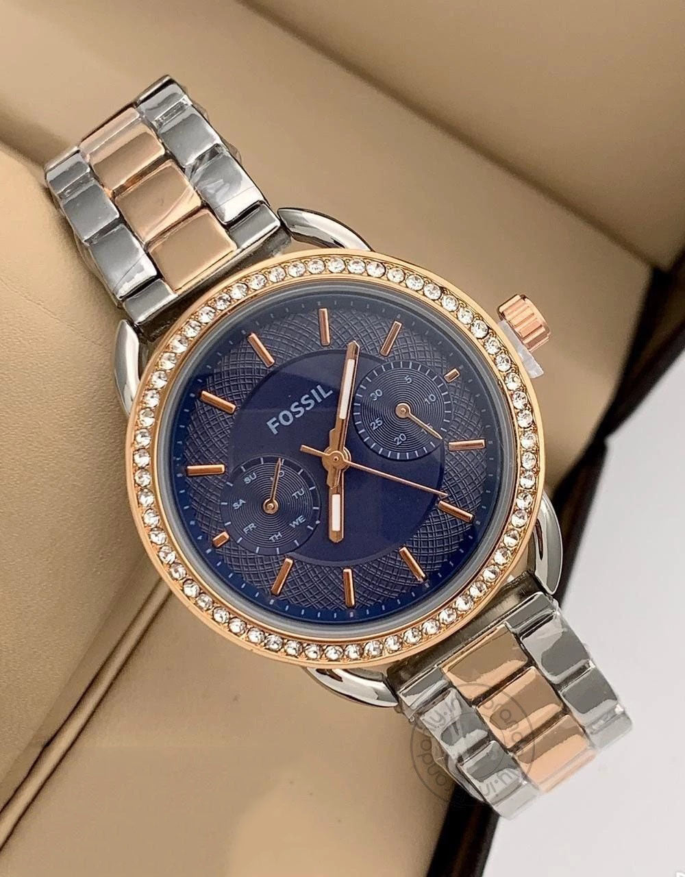 Rose Gold Silver Women's Es-765 Watch For Girl Or Woman Two Tone Blue Dial - Best Gift For Women