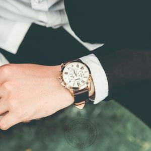 Fossil Chronograph Brown Leather Men's Watch For Man FS-4991 (FS-BW) Off White Color Dial Gift Date Watch
