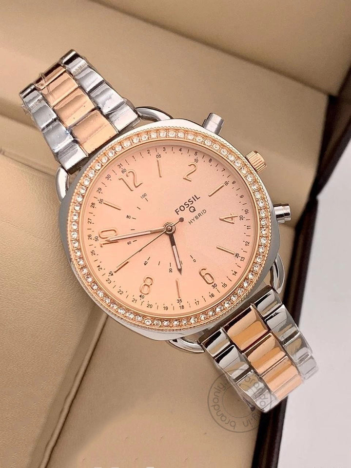 Q Hybrid Women's Watch For Girl Or Woman Es543 Rose Gold Dial Metal Silver Gold Strap - Best Gift