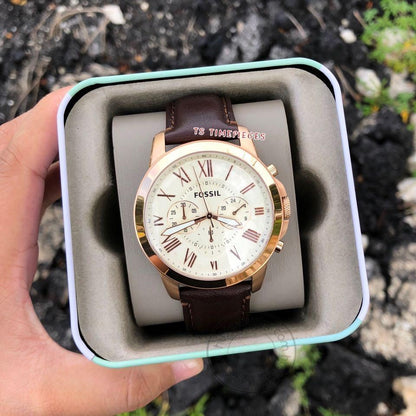 Fossil Chronograph Brown Leather Men's Watch For Man FS-4991 (FS-BW) Off White Color Dial Gift Date Watch