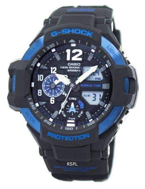 Casio G-Shock Analog RAVITYMASTER Twin Sensor World Time Digital Men Black Analogue and Digital watch With Metal Case Watch For Man Day And Date Gift Watch GA-1100-2B