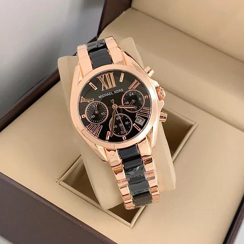 Chronograph Rose Gold And Black Strap Women's Watch for Girl or Women Black Dial MK-9263