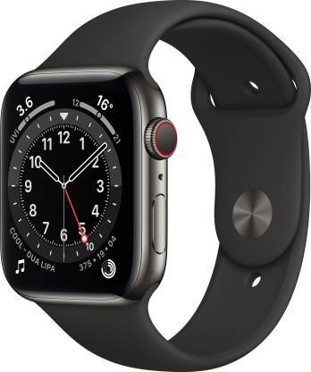 Apple Watch Series 6 GPS + Cellular 44 mm Graphite Stainless Steel Case with Black Sport Band (Black Strap, Regular) M09H3HN/A