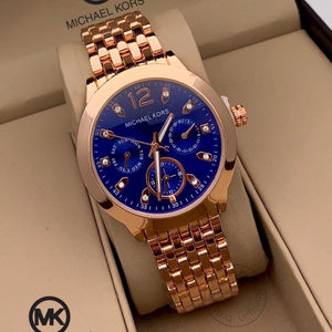 MK Blue Dial Women's Mk-012 Watch For Girl Or Woman Chronograph Multi Dial Gold Day Date