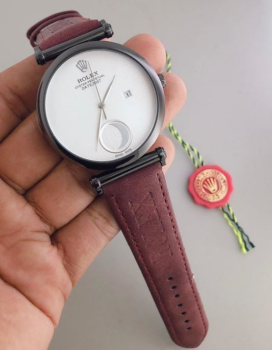 Marron Leather Half Moon Watch For Women's Casual New Trending Style Watch White Dial With Black Meta Date Women's Watch_ Best Gift Watch RLX-2-27