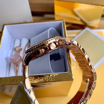 Chosmogragh Watch With Rose Gold Metal Case & Pink Dial Dated Multicolor Strap Watch For Women's Design For Girl Or Woman Best Gift Date Watch- MK-3607