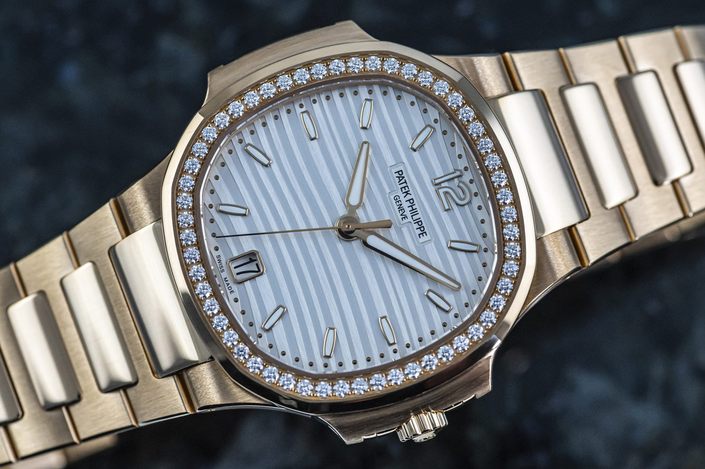 Patek Philippe Nautilus Diamond Bezel White Dial Rose Gold Strap Mad Watch Quartz Movement Dated Watch For Men's-Best Men's Collection PK-2135