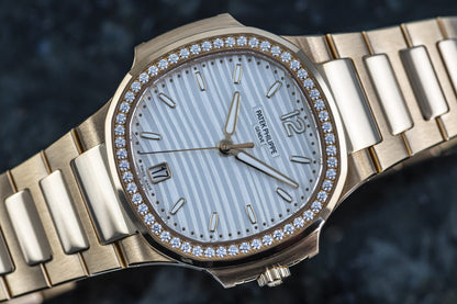Patek Philippe Nautilus Diamond Bezel White Dial Rose Gold Strap Mad Watch Quartz Movement Dated Watch For Men's-Best Men's Collection PK-2135