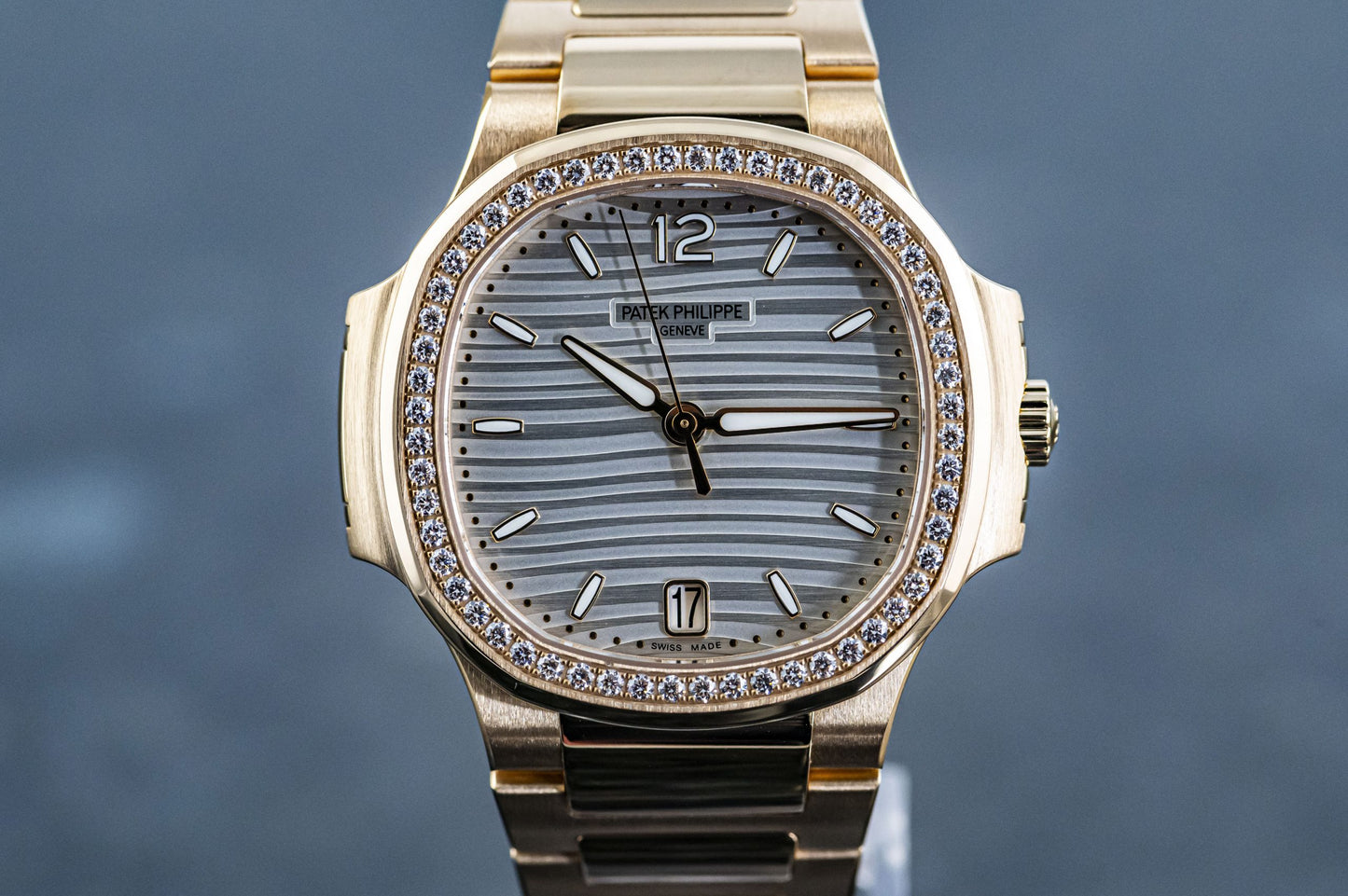 Patek Philippe Nautilus Diamond Bezel White Dial Rose Gold Strap Mad Watch Quartz Movement Dated Watch For Men's-Best Men's Collection PK-2135