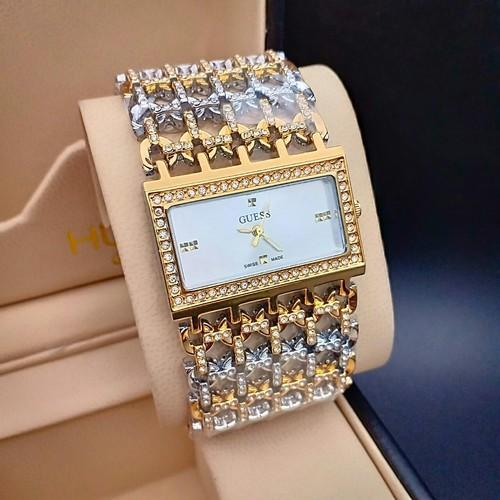 Large Gold Plated and Rhinestone Fashion Watch Gold Color Case With White Dial And Multicolor Diamond Dial Watch With Diamond Strap Braclet Watch For Woman Or Girl -Gift Watch GC-1040