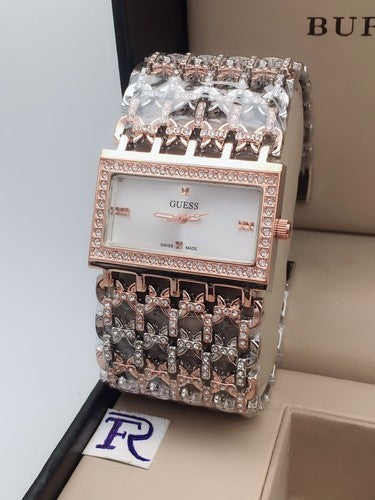 Large Gold Plated and Rhinestone Fashion Watch Rose Gold Color Case With White Dial And Multicolor Diamond Dial Watch With Diamond Strap Braclet Watch For Woman Or Girl Gold Dial Gift Watch Gc-1030