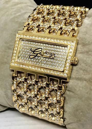 Large Gold Plated and Rhinestone Fashion Watch Gold Color Case With Gold Diamond Dial And Diamond Dial Watch With Diamond Strap Braclet Watch For Woman Or Girl -Gift Watch Gu-1050