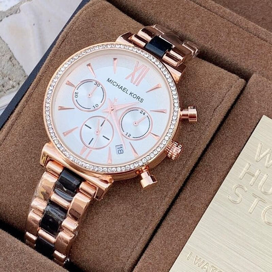 MK Rose Gold Diamond Case Women's Watch for Girl or Woman White Dial MK-6388