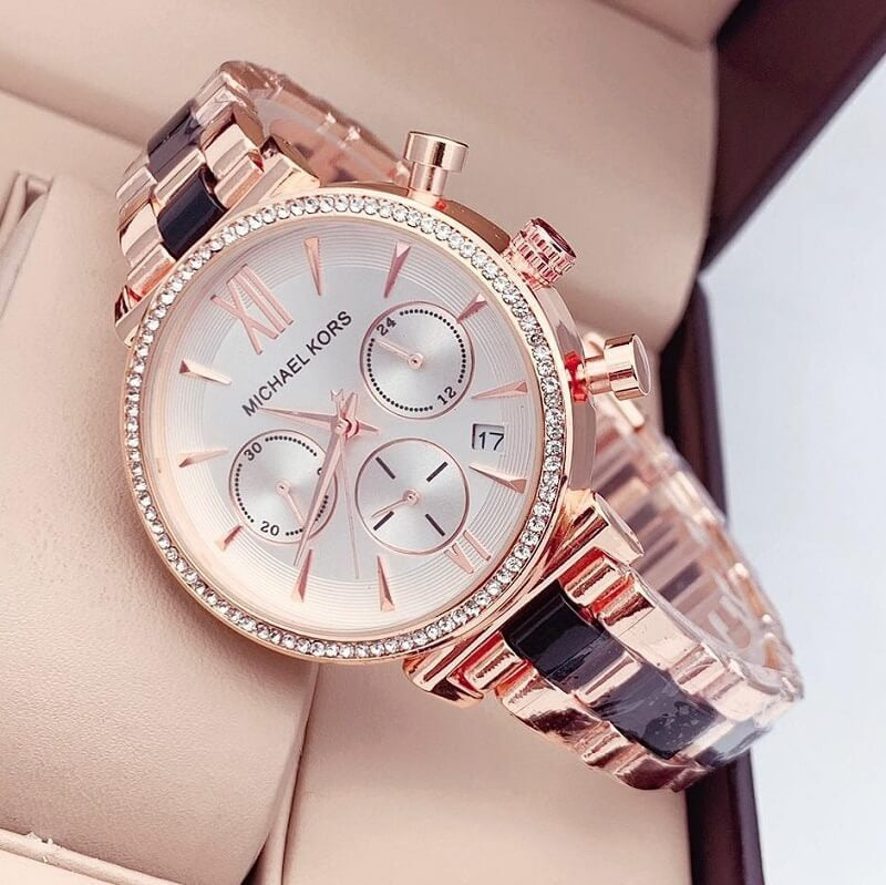 MK Rose Gold Diamond Case Women's Watch for Girl or Woman White Dial MK-6388