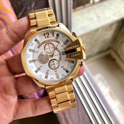 Diesel Mega Chief Chronograph Full Gold White Dial Men's Watch For Man DZ-4342 Gift