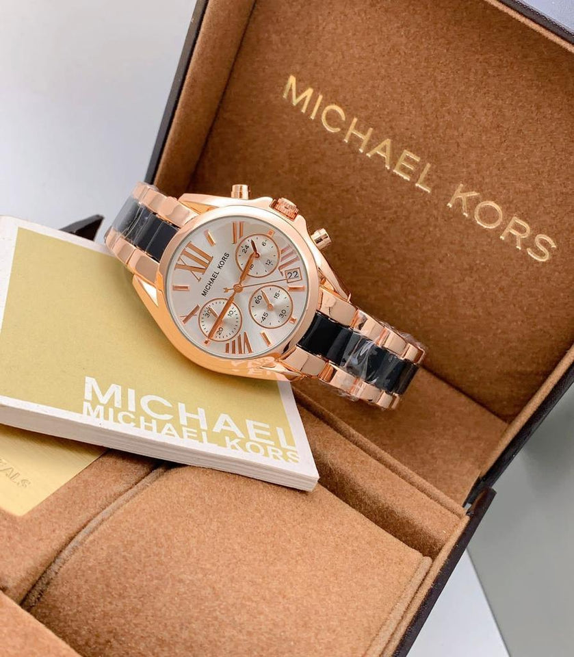 MK Chronograph Rose Gold And Black Strap Women's Watch for Girl or Women White Dial MK-9209