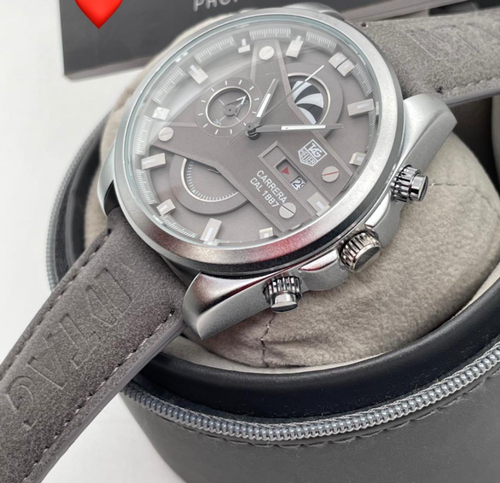 Tagheuer- Grand Carriera TAG-9810-CR7 Grey Chronograph Multi Dial With Grey Metal Case & Leather Strap Men's Watch - Best Formal Look Watch