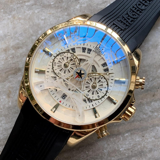 Tag Heuer Carrera Caliber Eiffel Tower Edition TAG-IT-88 White Color And Sapphire Glass Watch Black Rubber Strap Chronograph White Dial With Gold Case Watch For Men's __ Best Gift Watch