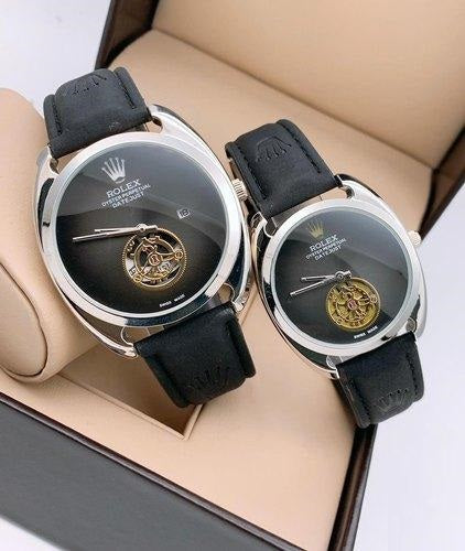 RLX Oyster Perpetual Daytona Black Leather Watch For Couple Rlx-Cpl-354 Black Dial Silver Case Date Gift Watch