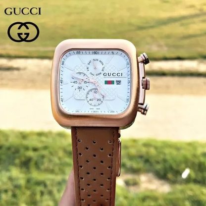 Gucci Chronograph Brown Leather Strap Men's Watch for Man GC Wt 01 White Dial Day and Date Gift Watch