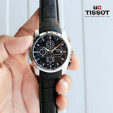 Tissot Chronograph Black Leather Men's Watch for Man Silver Black - Gift TS-654L-SB