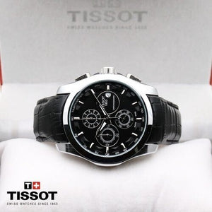 Tissot Chronograph Black Leather Men's Watch for Man Silver Black - Gift TS-654L-SB